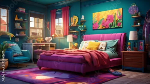 A vibrant, eclectic bedroom with hidden storage units, blending bold colors like teal, magenta, and mustard yellow