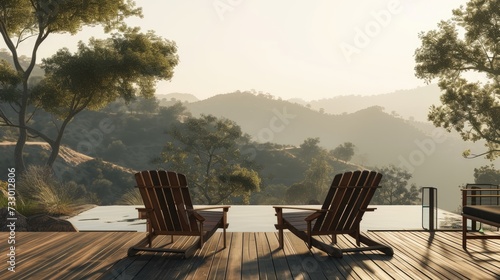 Serene morning scene with chairs arranged strategically to enjoy the breathtaking mountain panorama.