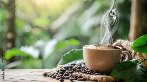 Cup of coffee with smoke and coffee beans in burlap sack on coffee tree background