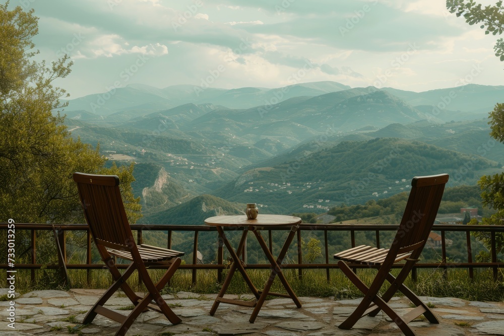 Chairs lined up gracefully, inviting spectators to savor the tranquil morning atmosphere against a majestic mountain backdrop. Chairs lined up gracefully, inviting spectators to savor the tranquil morning atmosphere against a majestic mountain backdrop.