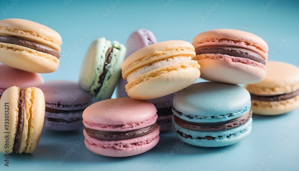 colorful macarons on pastel blue background colorful macarons on pastel blue background