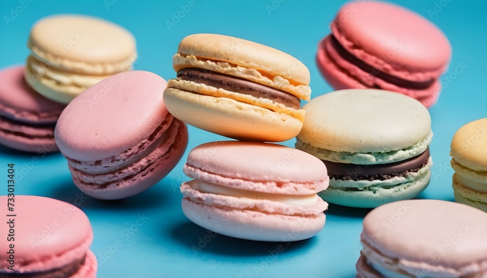 colorful macarons close-up on light blue pastel background
