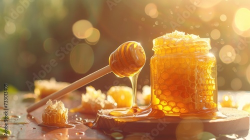 Honey in jar with honeycomb and wooden drizzler photo