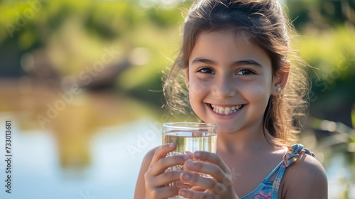 Gorgeous girl with a beaming smile holding a cup of pure water.