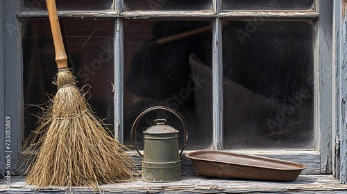 A broom and dustpan displayed in a window. photo