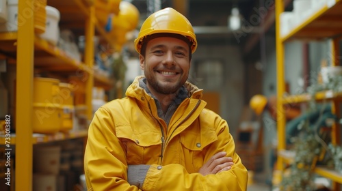 portrait of an engineer wearing construcion suit standing on a yellow background