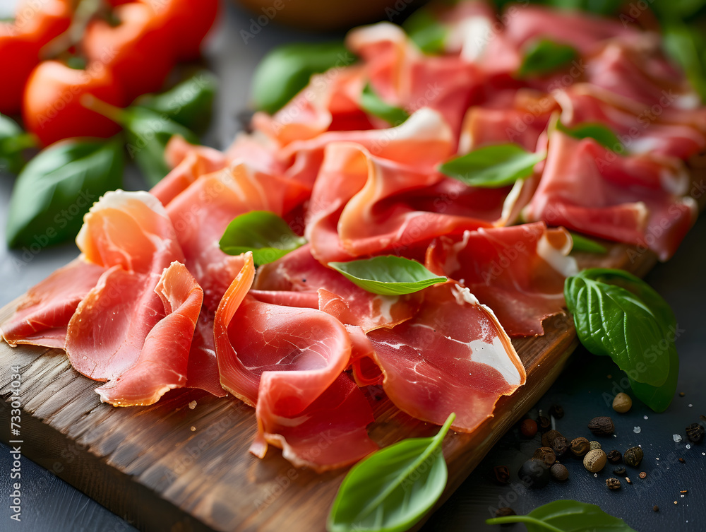 A wooden cutting board with sliced prosciutto, fresh basil leaves, and tomatoes on the side.