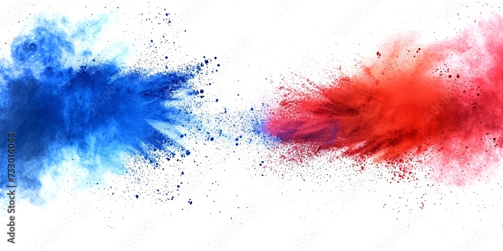 Vibrant tricolor French flag with blue, white, and red paint powder burst on a white background, representing France, Europe, and their celebration of soccer and tourism.