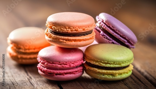 colorful macaroons on wooder table