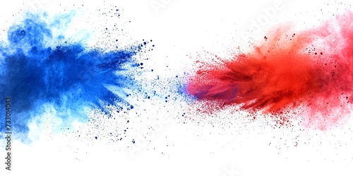 Vibrant tricolor French flag with blue, white, and red paint powder burst on a white background, representing France, Europe, and their celebration of soccer and tourism.