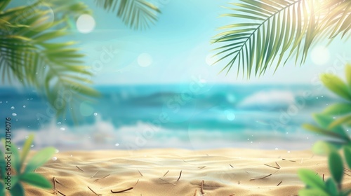 Summer exotic sandy beach with blur palms and sea on background