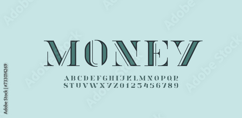 Retro alphabet serif decorative striped font, lettering for logo and brand name, letters A-Z and numerals 0-9