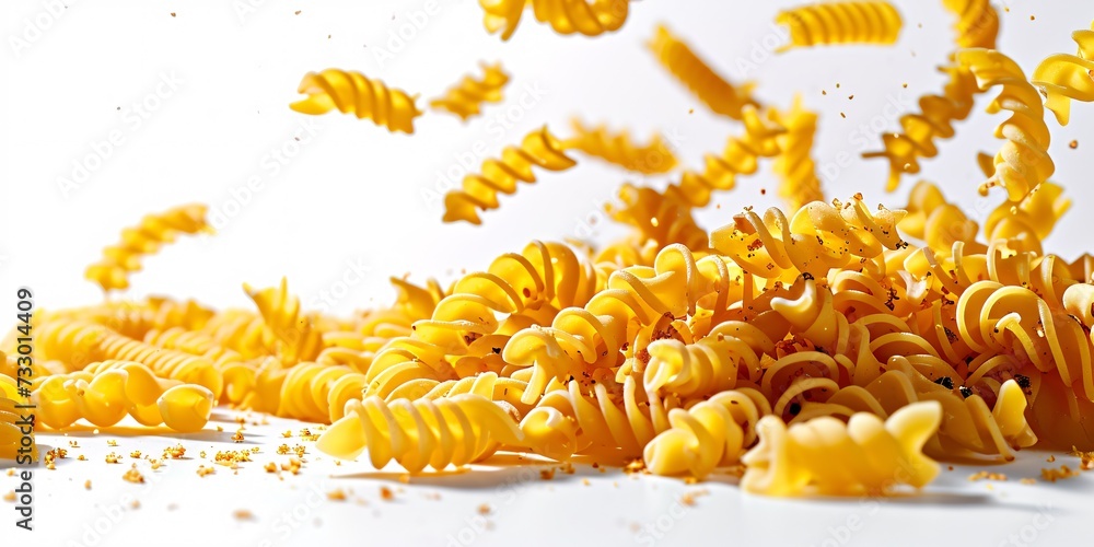 Raw Rotini pasta falling with depth of field on white background, isolated with clipping path. Raw Rotini pasta falling with depth of field on white background, isolated with clipping path.
