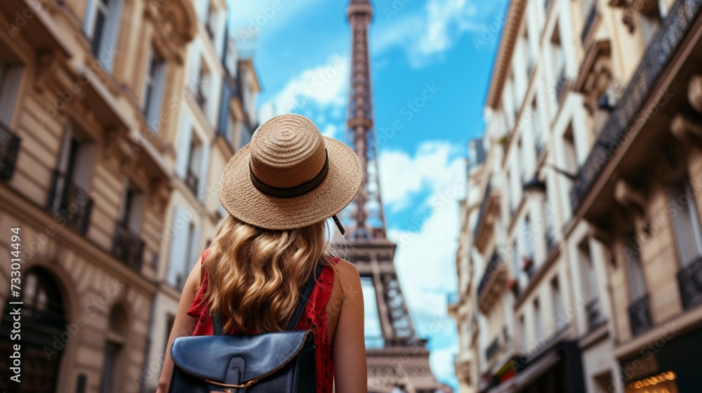 Woman sightseeing in urban landscape of Paris, France.
