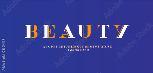 Beautiful alphabet serif bright decorative font, letters A-Z and numerals 0-9