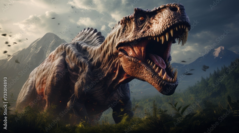 Tyrannosaurus rex roaring in the woods. Hunting angry T-Rex with a growl. Concept art of a mad ancient scary reptile in the forest. T-Rex causes chaos in the woods. 3D render of an angry dinosaur. - obrazy, fototapety, plakaty 