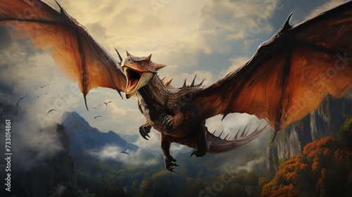Screeching prehistoric Dinosaur bird flying through the air. Concept art of an ancient bird flying through. Creepy old pterodactyl hunting in the woods. 3D render of a dragon attacking in the clouds. photo