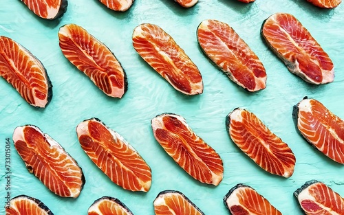 Salmon steak pattern, conceptual salmon background, flat lay composition