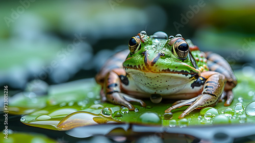 Vibrant green frog resting on a lily pad  surrounded by water droplets in a serene pond setting. 