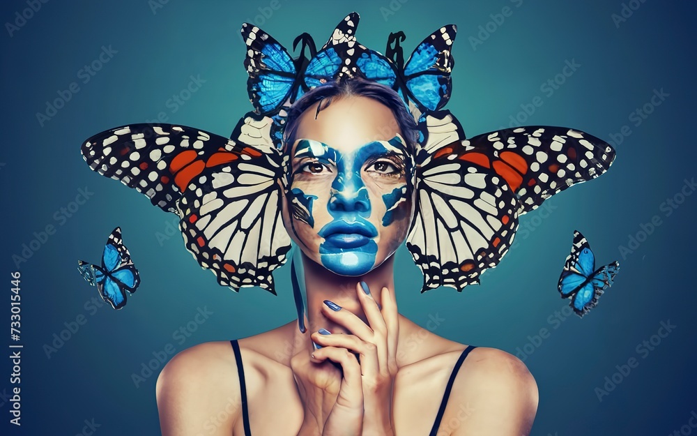 Trendy fashion magazine cover with a woman with butterflies on head and face