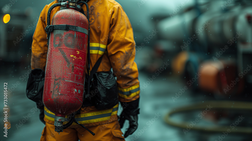 Obraz premium Rear View of a Firefighter Overlooking a Fire Scene with Fire Truck in Background
