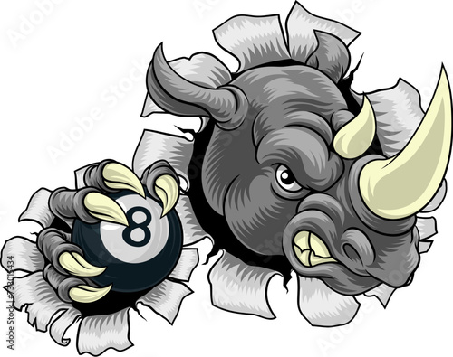 A rhino or rhinoceros cartoon sports mascot holding a black eight pool ball