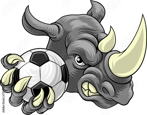 A rhino or rhinoceros cartoon sports mascot holding a soccer football ball