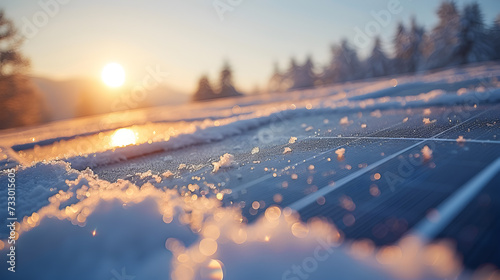 Solar panels covered with snow during a vibrant sunrise in a mountainous area.
