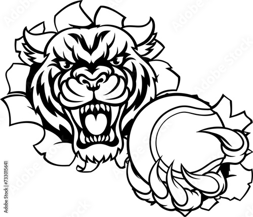 A tiger cat animal sports mascot holding tennis ball breaking through the background with its claws