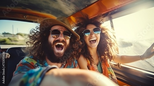 A young happy couple go on a trip by car. A beautiful man and woman wearing sunglasses and a hat, smiling, having fun in their new car.
