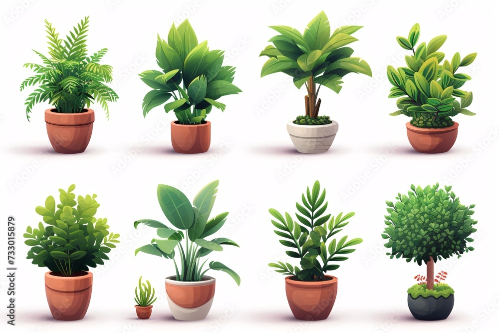 Fototapeta premium Set of 3D cartoon icons featuring potted houseplants, trees, and grass shoots.