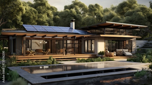 A sustainable home design featuring eco-friendly materials and energy-efficient systems © Wardx