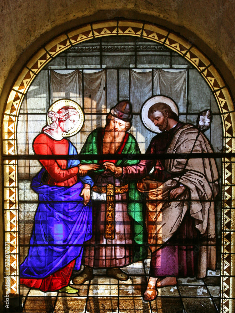 Fototapeta premium Engagement of the Virgin Mary, stained glass window in the Church of Saint Joseph in Nazareth