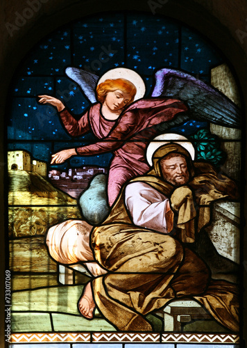 The Dream of Saint Joseph, stained glass window in the Church of Saint Joseph in Nazareth, Israel