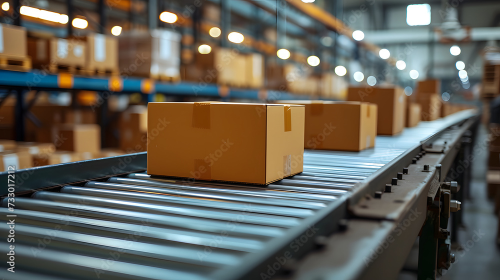 A conveyor belt moves boxes in a large warehouse. A conveyor belt moves boxes in a large warehouse.