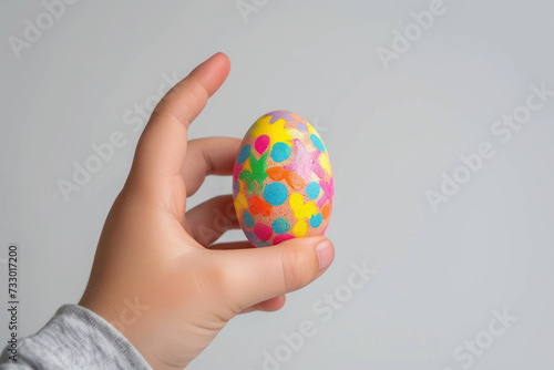Hand holding decorated easter egg isolated on gray, festive concept