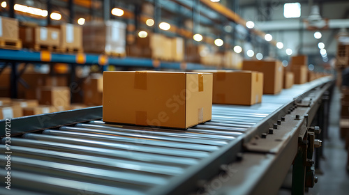 A conveyor belt moves boxes in a large warehouse.