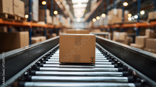 A conveyor belt moves boxes in a large warehouse. photo