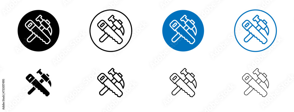 Hand Saw and Hammer Line Icon Set. Carpentry woodwork tool symbol in black and blue color.