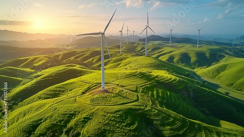 Wind energy: Sustainable, green energy from wind, sun and water. Wind farms and wind turbines for a green energy future. photo