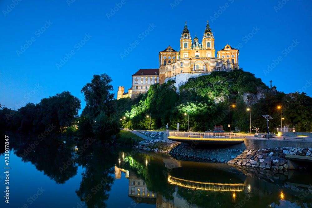 Fototapeta premium Night in Melk, Austria, with the Famous Baroque Benedictine Monastery Called Melk Abbey