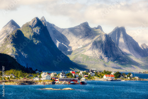 Looking from the Famous Fishing Village of Reine in Lofoten, Norway, towards Reinefjorden with its Dramatic Mountain Scenery photo