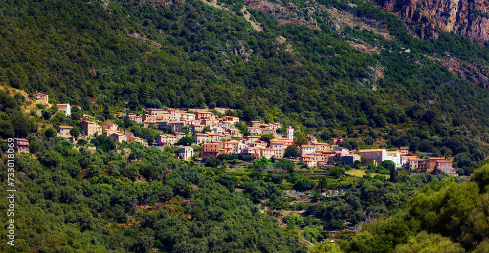 Fototapeta premium View of the Village of Ota on Corsica, Set in a Hillside in the Mountains Near the Gulf of Porto