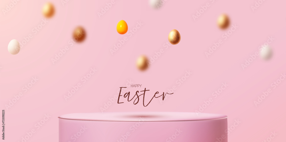Happy Easter! Holiday background with round podium and colorful eggs. Easter product display and eggs on pink background.