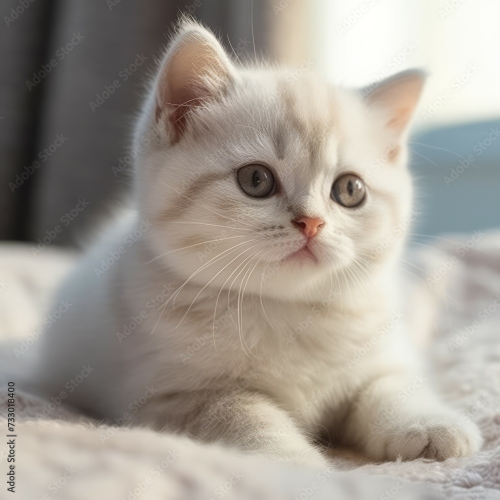Portrait of a cream British Shorthair kitten lying on sofa beside a window in a light room. Cute British Shorthair kitty at home. Portrait of adorable little cat with fluffy fur looking forward.