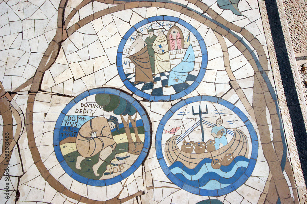Floor mosaic in front of the Church of the Beatitudes, the traditional place where Jesus gave the Sermon on the Mount, Galilee, Israel Floor mosaic in front of the Church of the Beatitudes, the traditional place where Jesus gave the Sermon on the Mount, Galilee, Israel