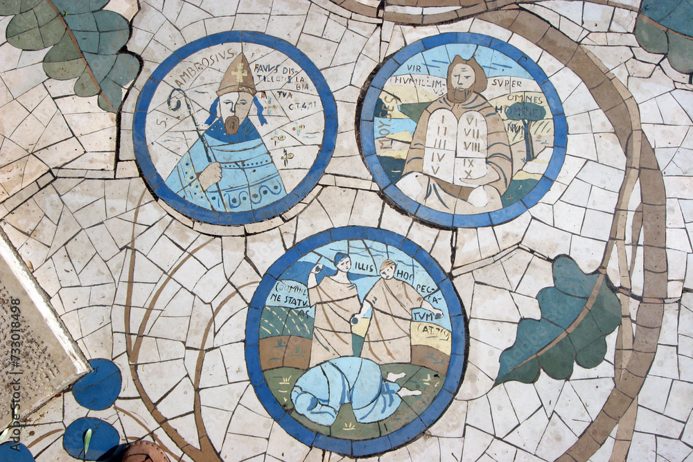 Floor mosaic in front of the Church of the Beatitudes, the traditional place where Jesus gave the Sermon on the Mount, Galilee, Israel