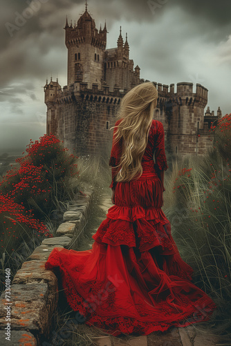 red woman againts ghotic castle photo