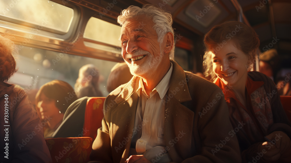 Happy smiling old aged man travel by bus at sunset. Sunny picture of public transport passenger inside public transport. Happy smiling old aged man travel by bus at sunset. Sunny picture of public transport passenger inside public transport.