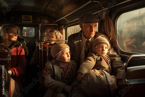 Serious old aged man travel by bus with his granddaughters. Family sunny grandfather with grandchildren trip illustration.